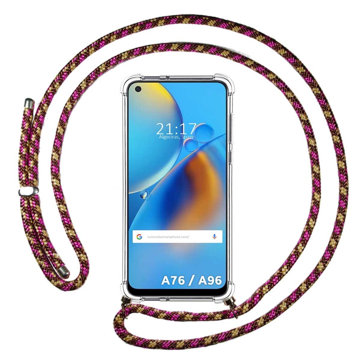 Funda Colgante Transparente para Oppo A76 / A96 con Cordon Rosa / Dorado