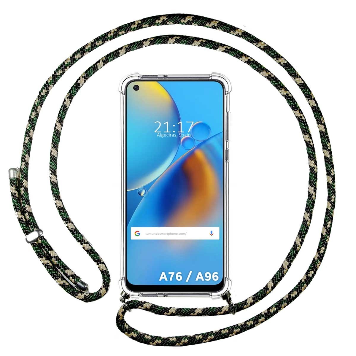 Funda Colgante Transparente para Oppo A76 / A96 con Cordon Verde / Dorado