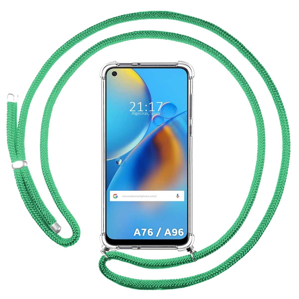 Funda Colgante Transparente para Oppo A76 / A96 con Cordon Verde Agua