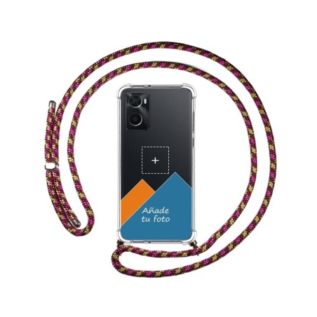 Personaliza tu Funda Colgante Transparente para Oppo A76 / A96 con Cordon Rosa / Dorado Dibujo Personalizada