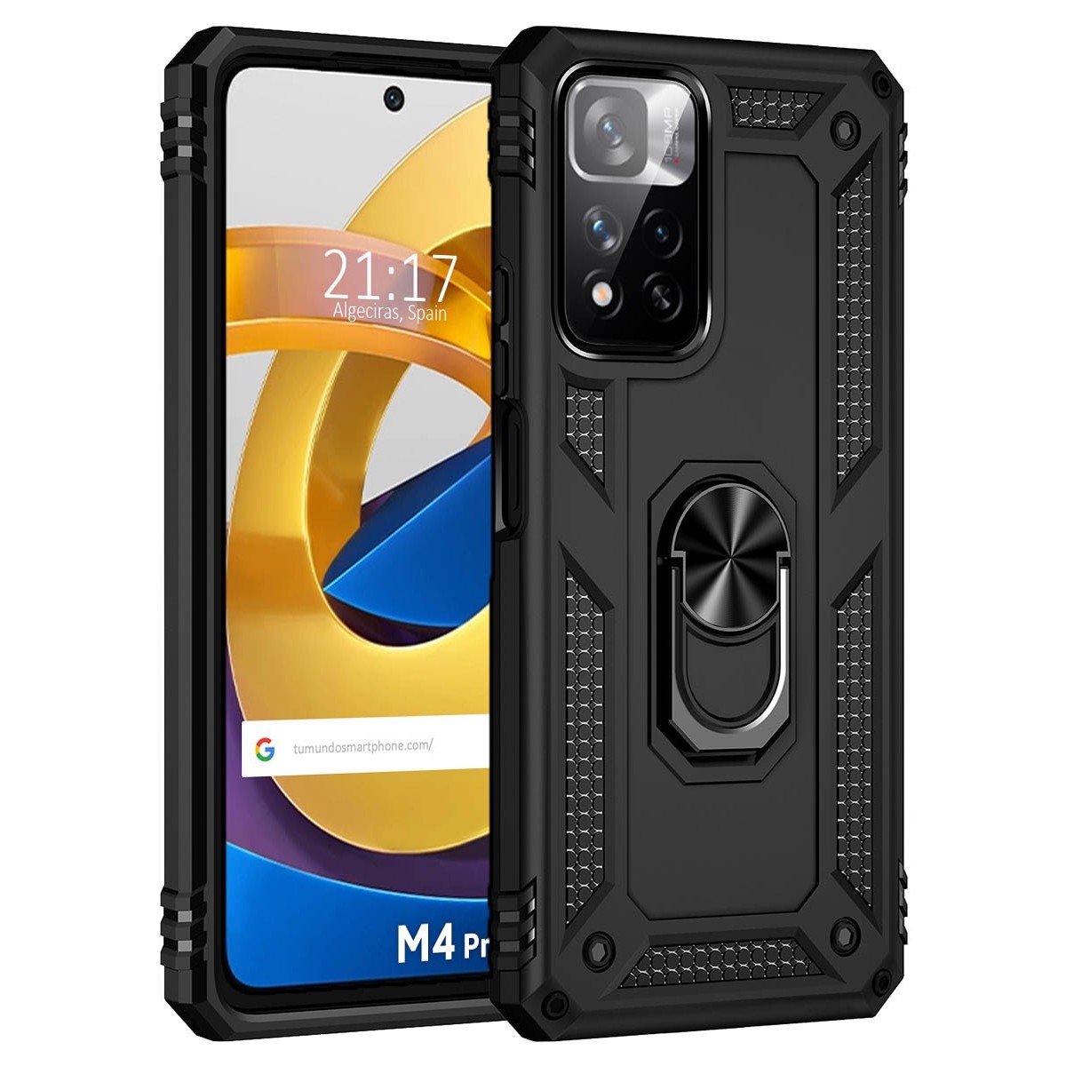 Funda Tough Armor con Anillo Giratorio Negra para Xiaomi POCO M4 Pro 5G