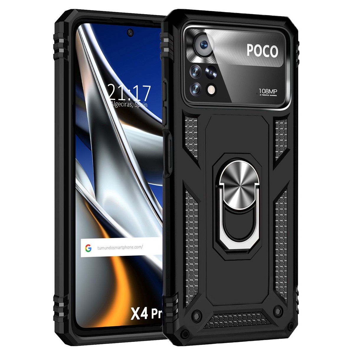 Funda Tough Armor con Anillo Giratorio Negra para Xiaomi POCO X4 Pro 5G