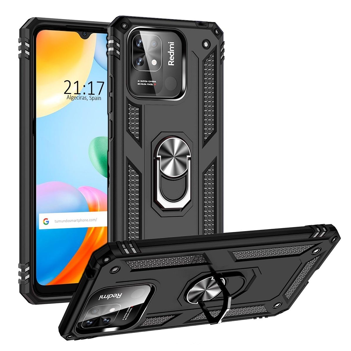 Funda Tough Armor con Anillo Giratorio Negra para Xiaomi Redmi 10C
