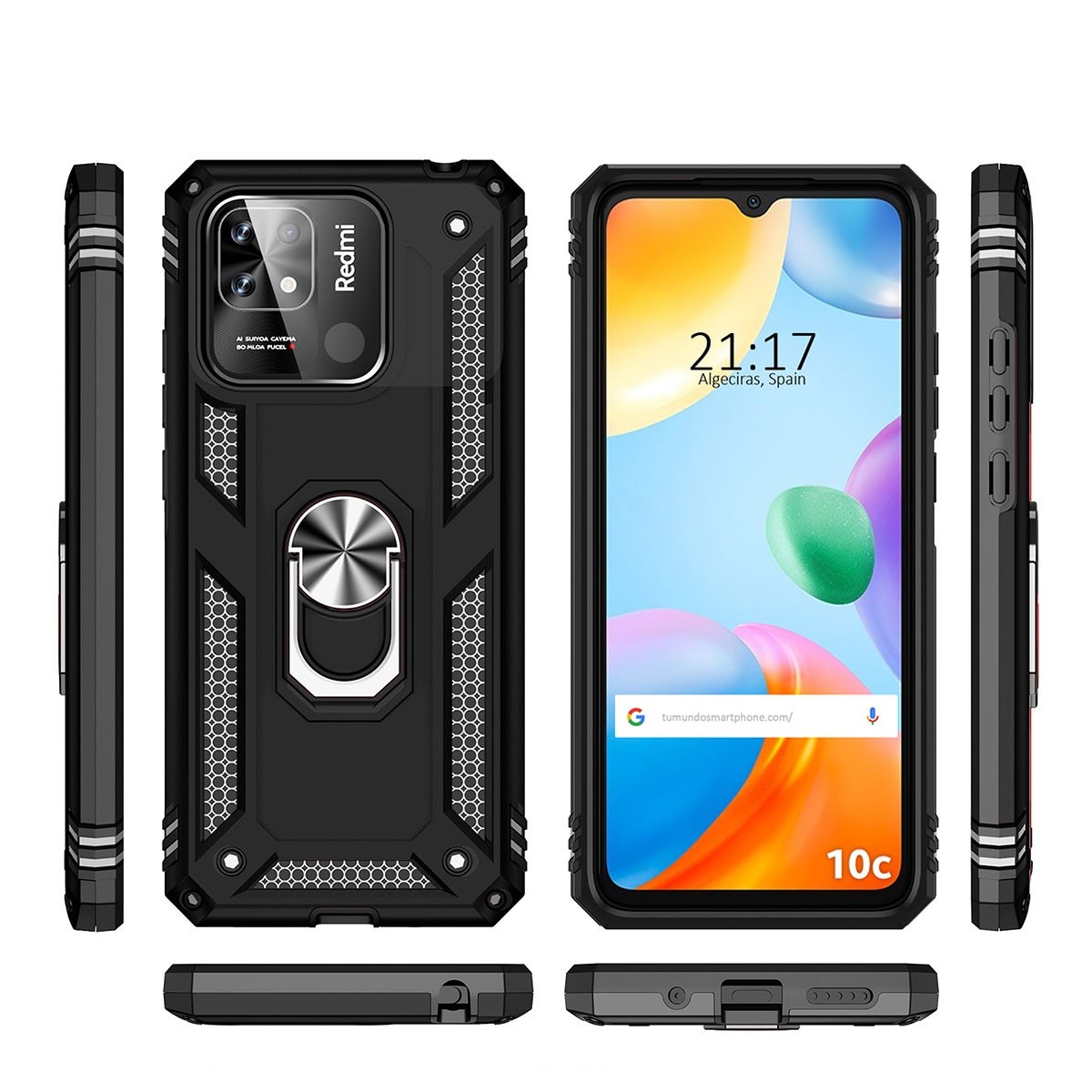 Funda Tough Armor con Anillo Giratorio Negra para Xiaomi Redmi 10C