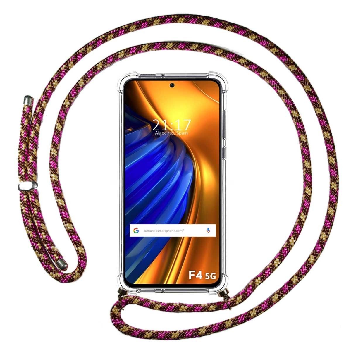 Funda Colgante Transparente para Xiaomi Poco F4 5G con Cordon Rosa / Dorado