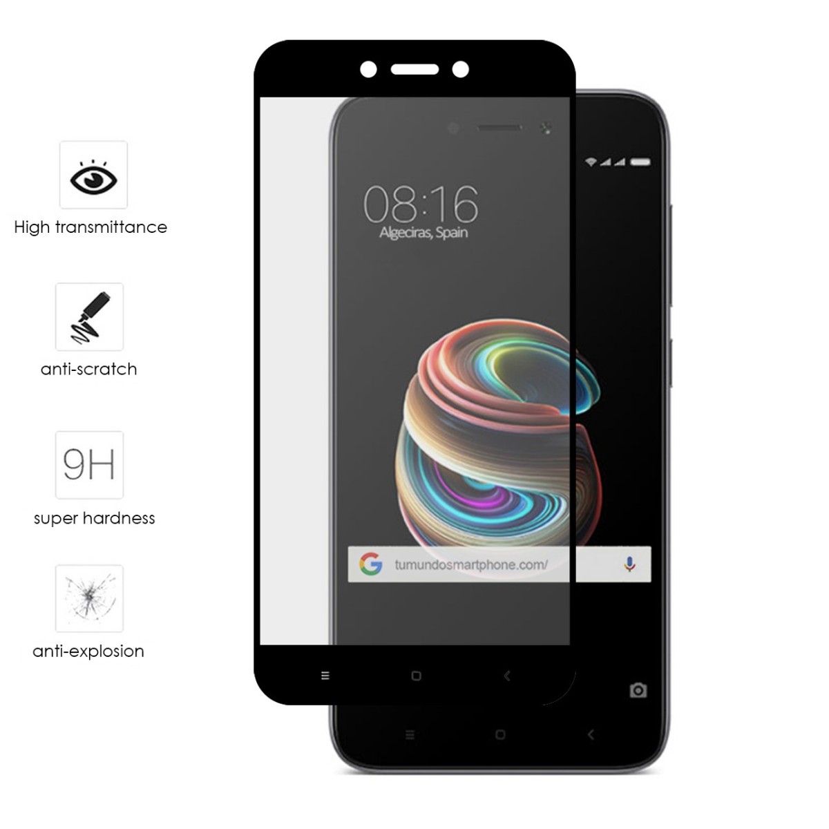 Protector Cristal Templado Frontal Completo Negro para Xiaomi Redmi 5A 5"  Vidrio