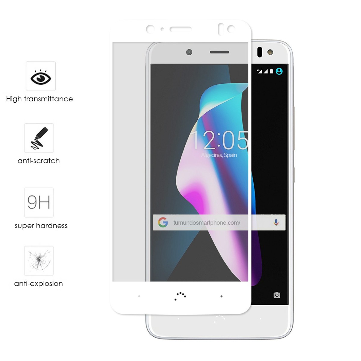 Protector Cristal Templado Frontal Completo Blanco para Bq Aquaris V / Vs  Vidrio