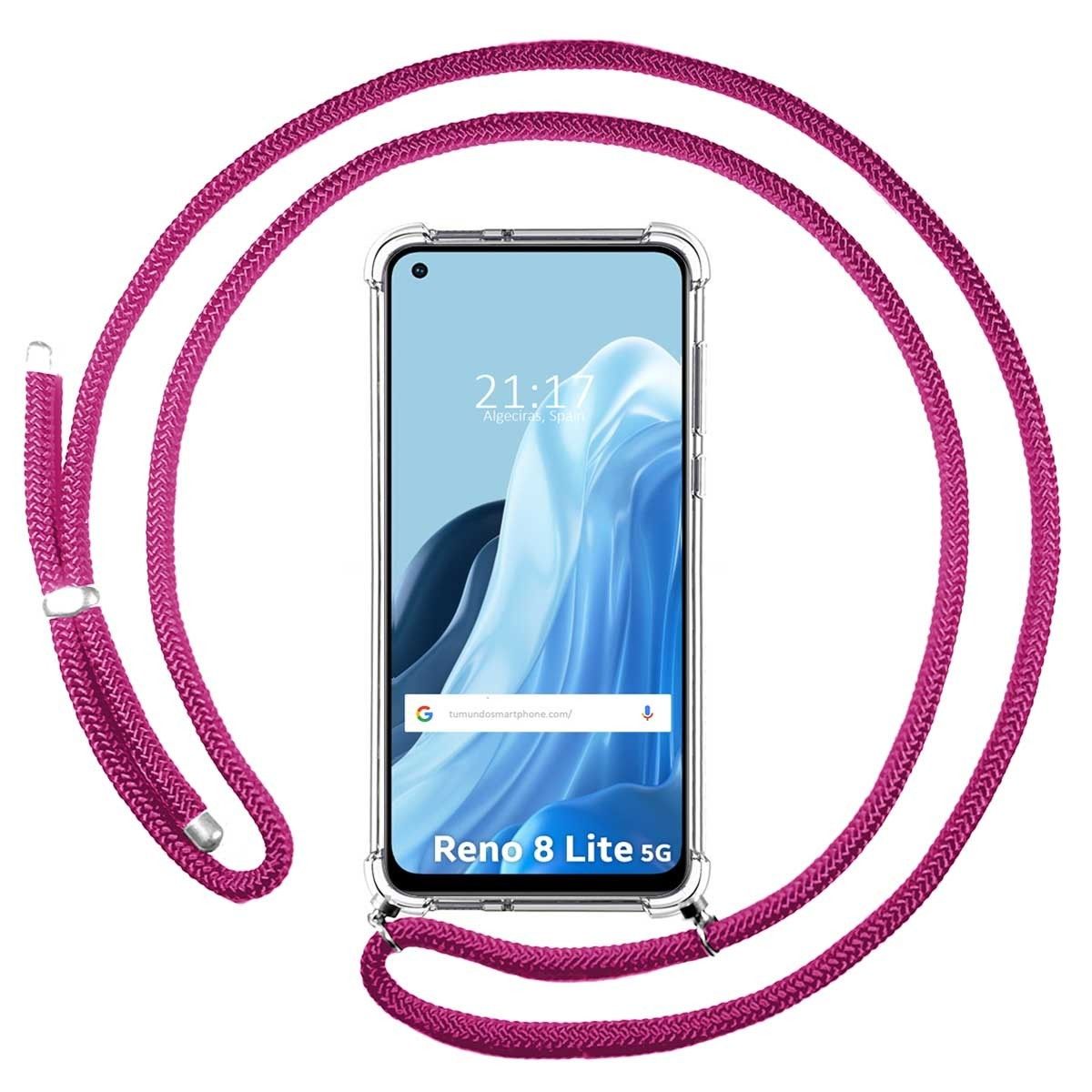 Funda Colgante Transparente para Oppo Reno 8 Lite 5G con Cordon Rosa Fucsia