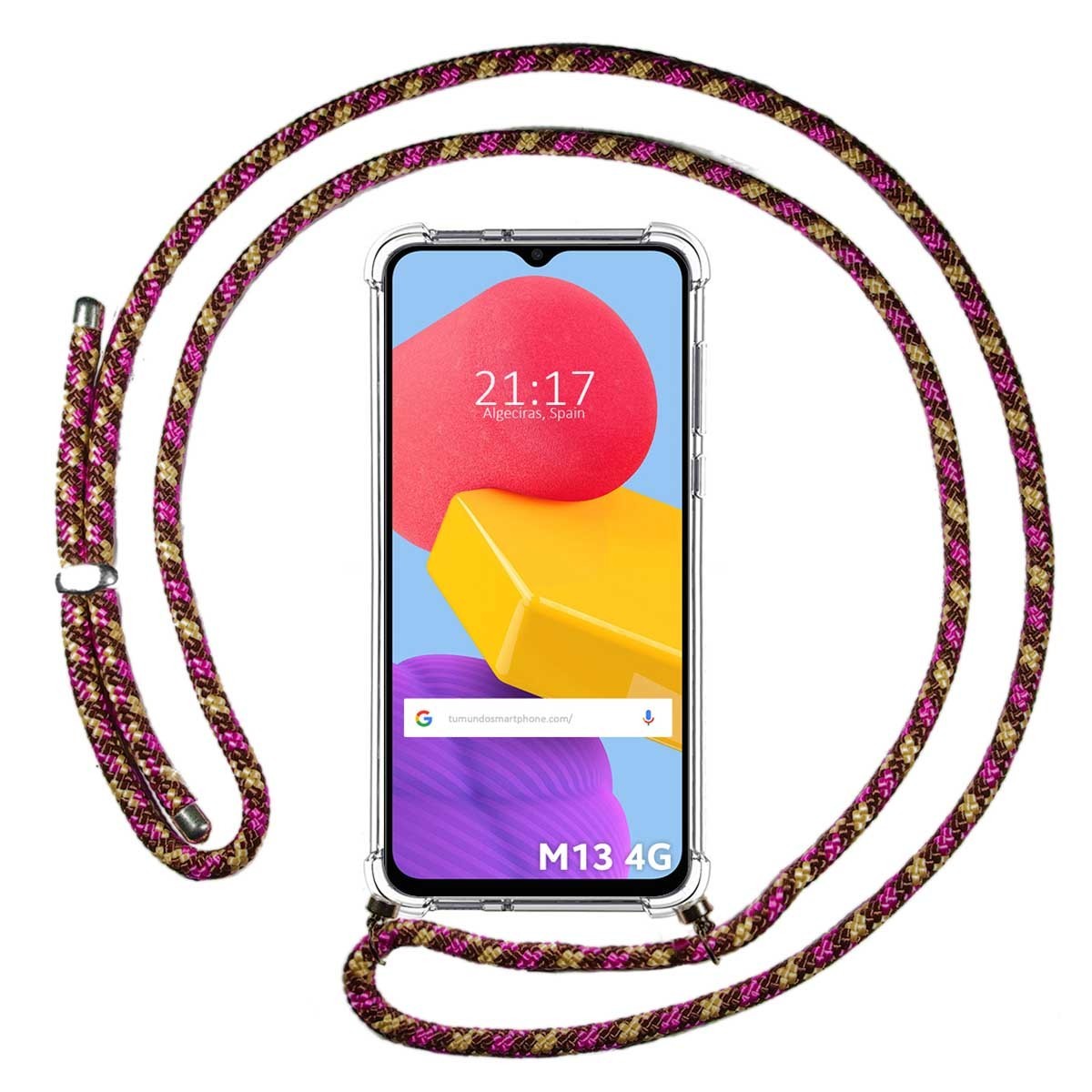 Funda Colgante Transparente para Samsung Galaxy M13 4G con Cordon Rosa/Dorado