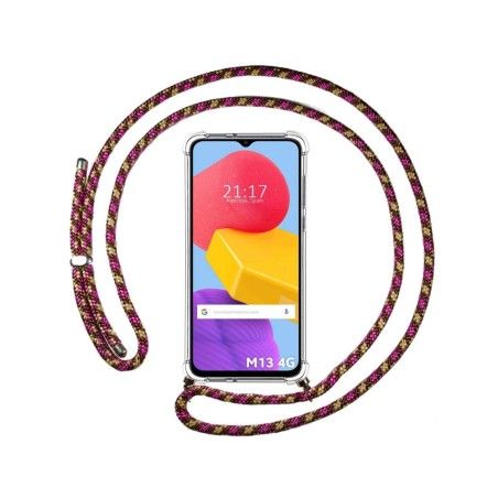 Funda Colgante Transparente para Samsung Galaxy M13 4G con Cordon Rosa/Dorado