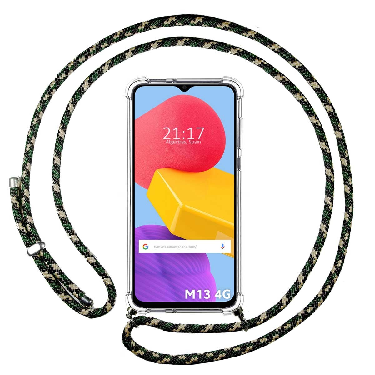 Funda Colgante Transparente para Samsung Galaxy M13 4G con Cordon Verde/Dorado