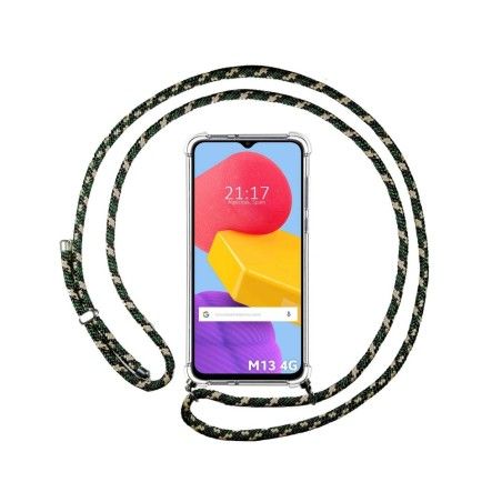 Funda Colgante Transparente para Samsung Galaxy M13 4G con Cordon Verde/Dorado