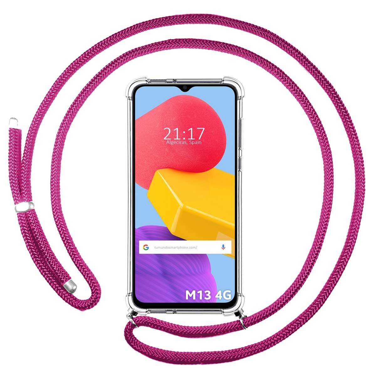 Funda Colgante Transparente para Samsung Galaxy M13 4G con Cordon Rosa Fucsia