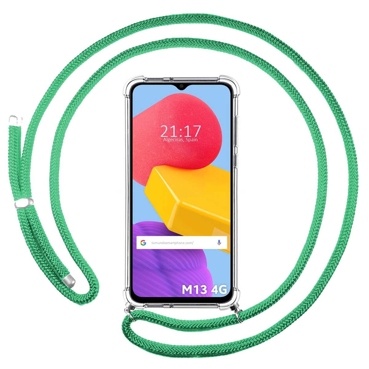 Funda Colgante Transparente para Samsung Galaxy M13 4G con Cordon Verde Agua