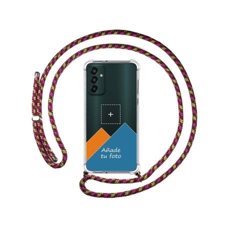Personaliza tu Funda Colgante Transparente para Samsung Galaxy M13 4G con Cordon Rosa/Dorado Dibujo Personalizada