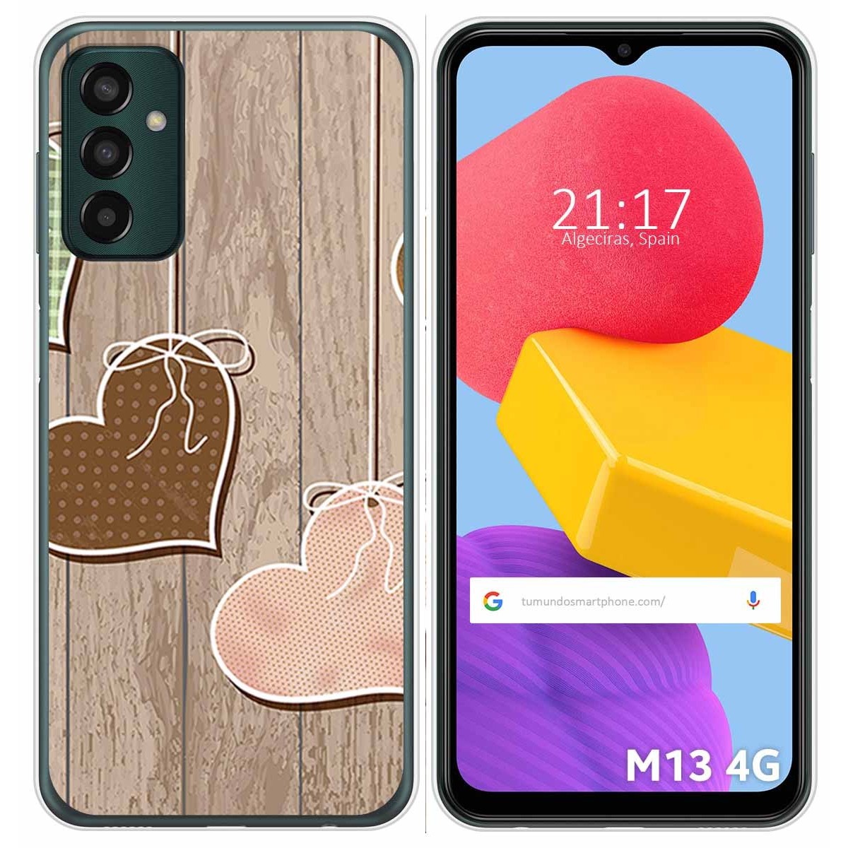 Funda Silicona para Samsung Galaxy M13 4G diseño Corazones Madera Dibujos