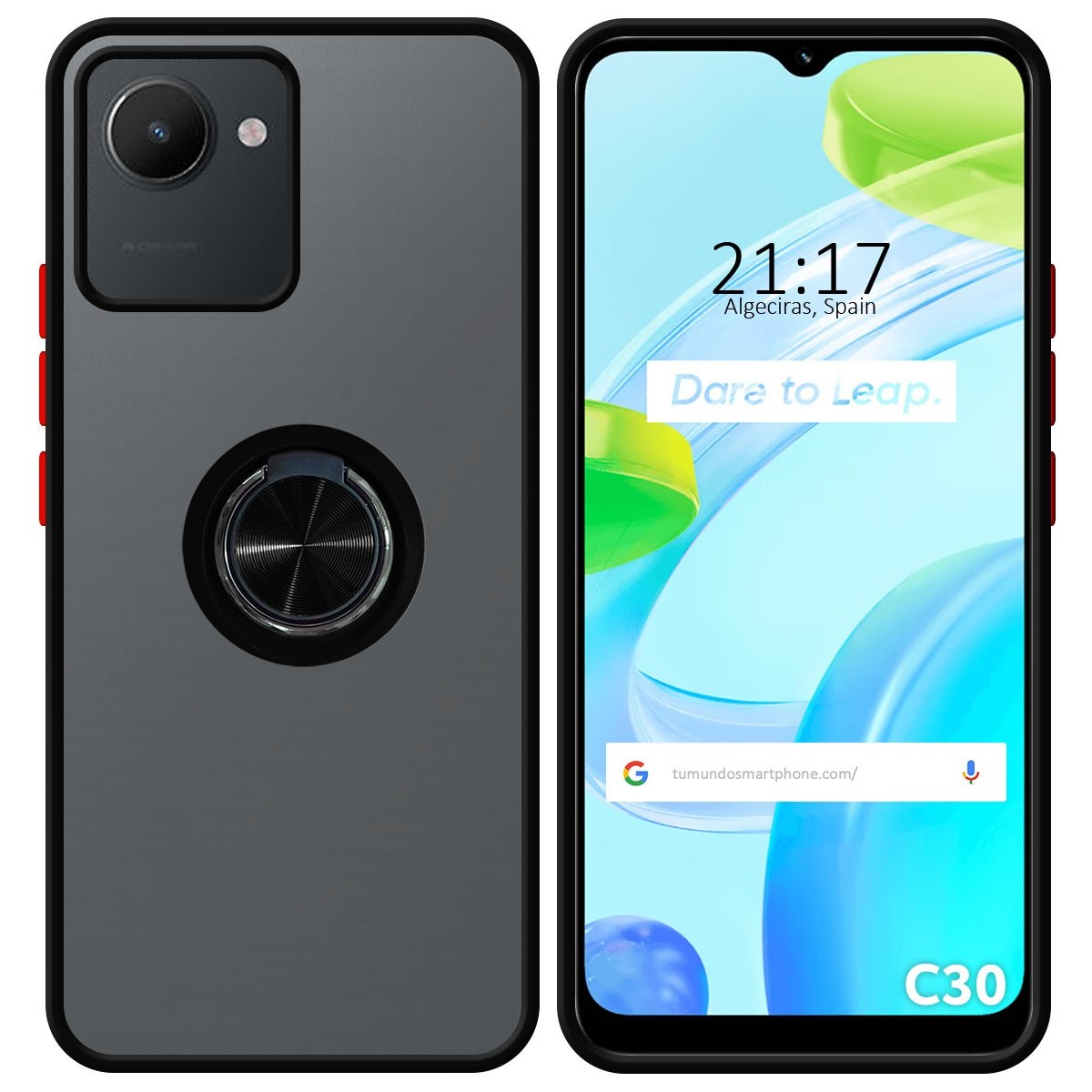 Funda Mate con Borde Negro y Anillo Giratorio 360 para Realme C30