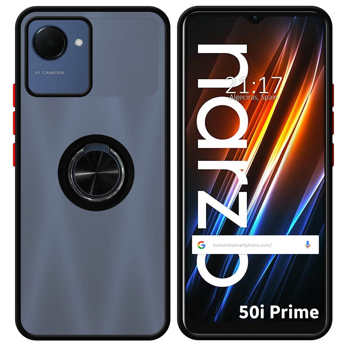 Funda Mate con Borde Negro y Anillo Giratorio 360 para Realme Narzo 50i Prime