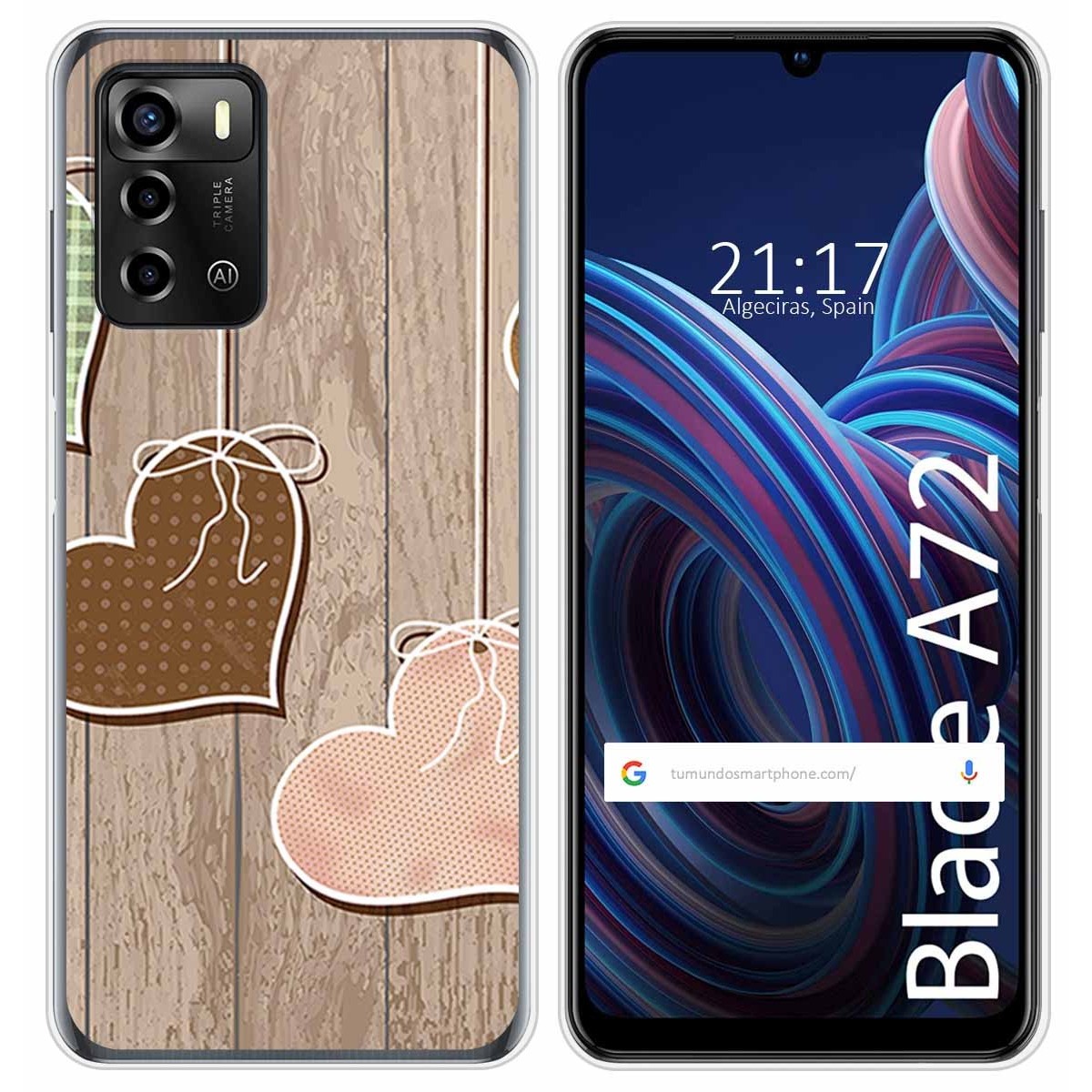 Funda Silicona para ZTE Blade A72 diseño Corazones Madera Dibujos