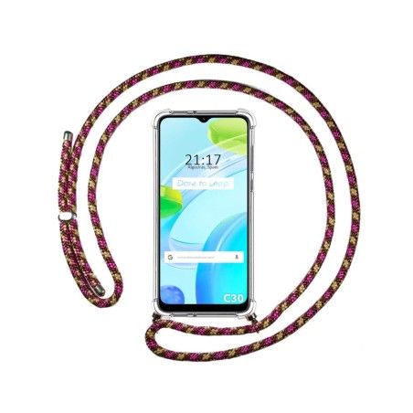 Funda Colgante Transparente para Realme C30 con Cordon Rosa / Dorado