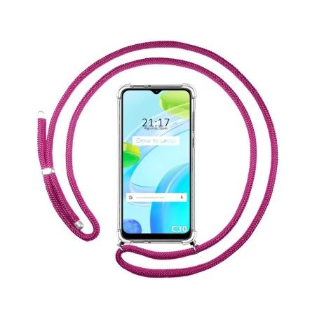 Funda Colgante Transparente para Realme C30 con Cordon Rosa Fucsia