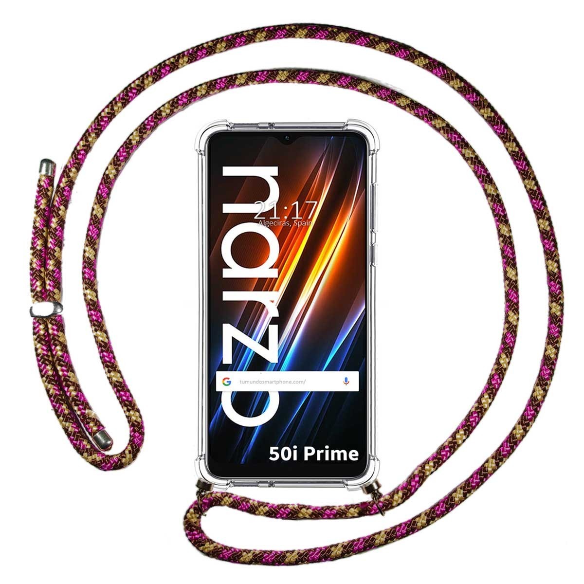 Funda Colgante Transparente para Realme Narzo 50i Prime con Cordon Rosa / Dorado