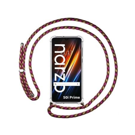 Funda Colgante Transparente para Realme Narzo 50i Prime con Cordon Rosa / Dorado