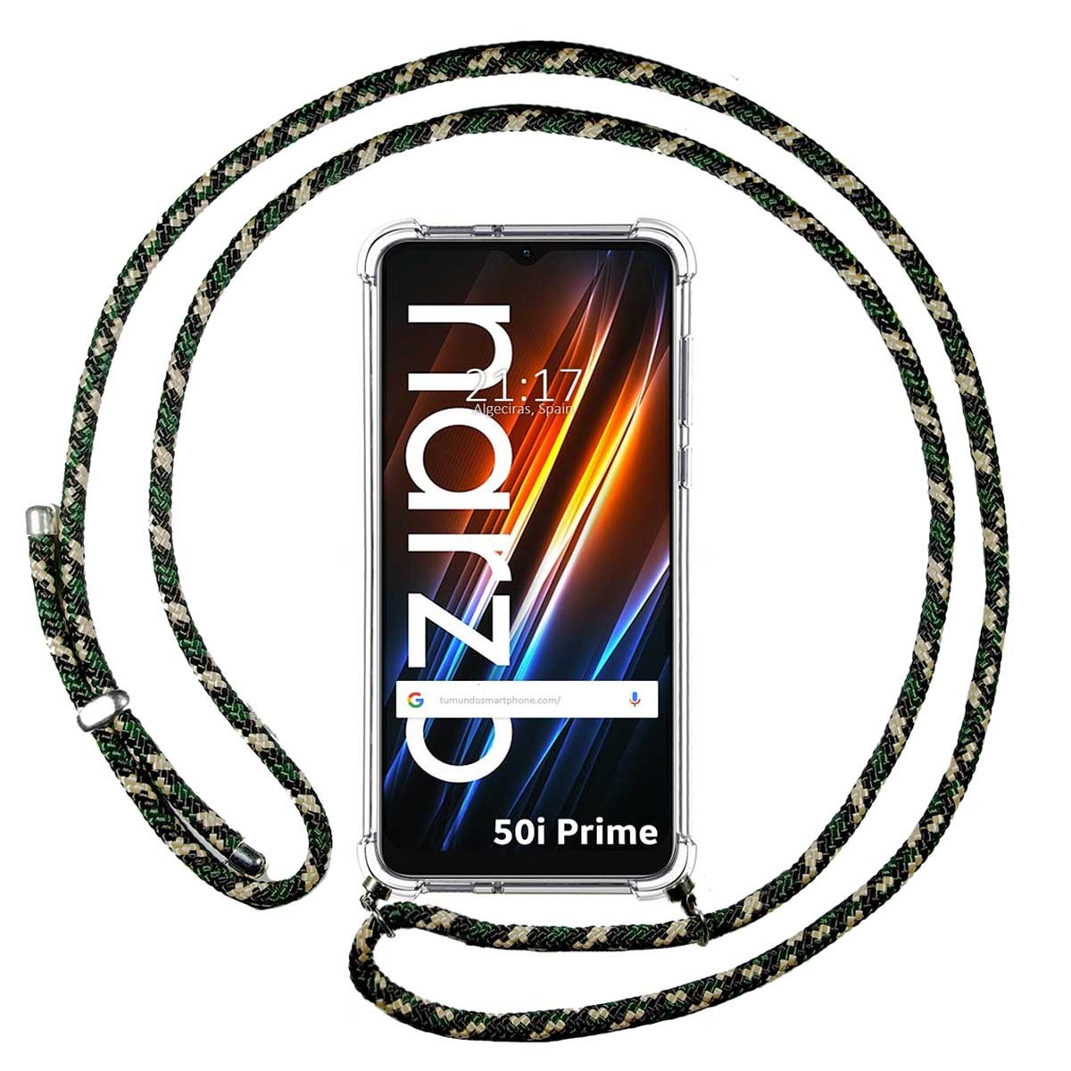 Funda Colgante Transparente para Realme Narzo 50i Prime con Cordon Verde / Dorado