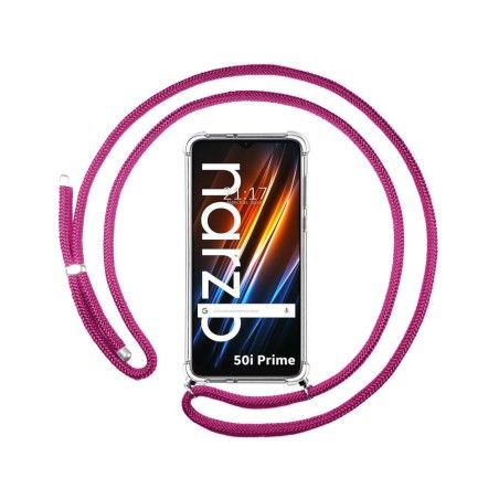 Funda Colgante Transparente para Realme Narzo 50i Prime con Cordon Rosa Fucsia
