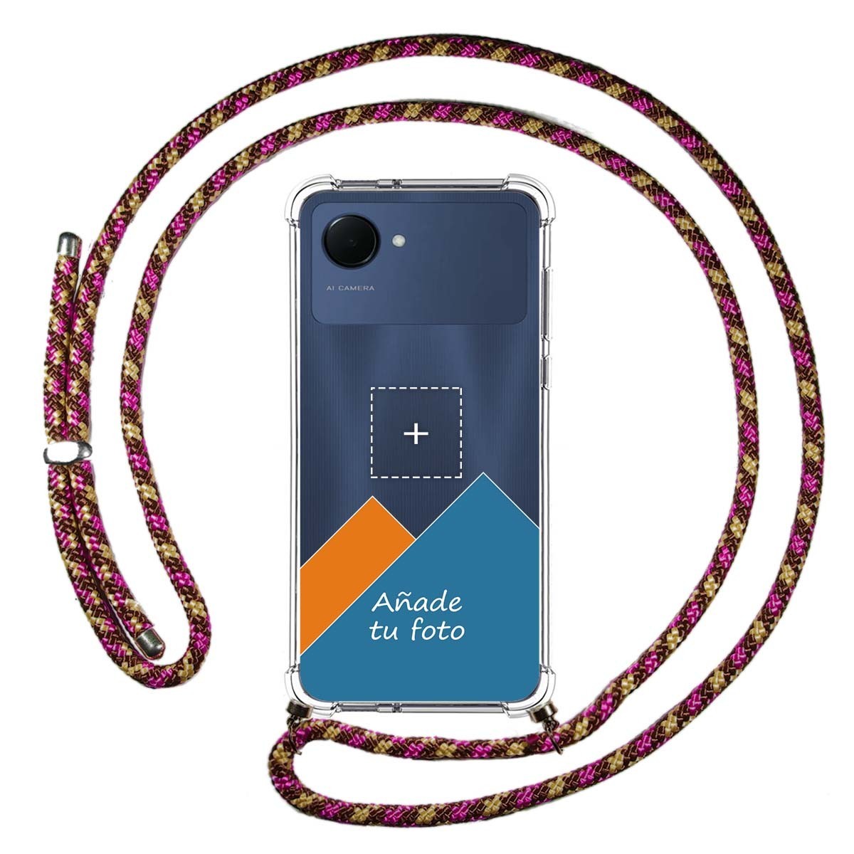Personaliza tu Funda Colgante Transparente para Realme Narzo 50i Prime con Cordon Rosa / Dorado Dibujo Personalizada
