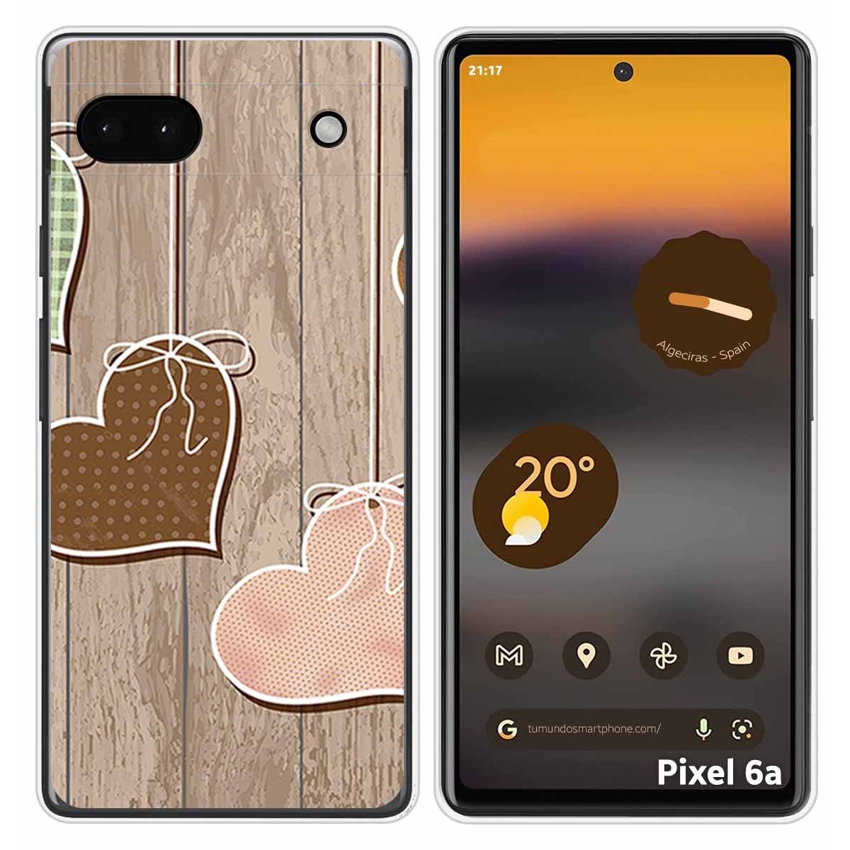 Funda Silicona para Google Pixel 6A diseño Corazones Madera Dibujos