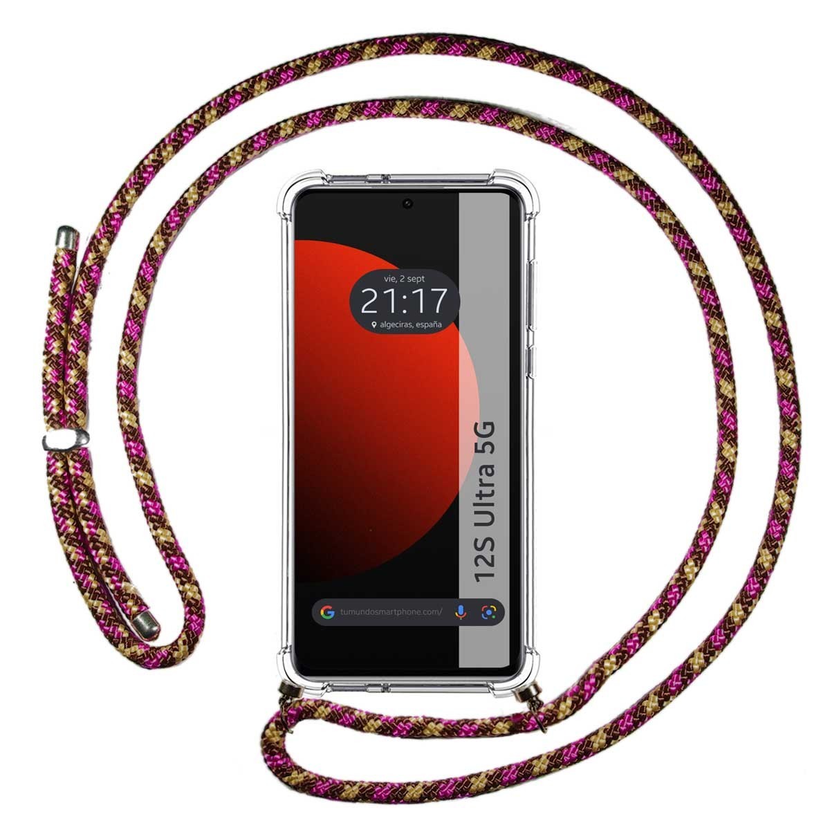 Funda Colgante Transparente para Xiaomi 12S Ultra con Cordon Rosa / Dorado