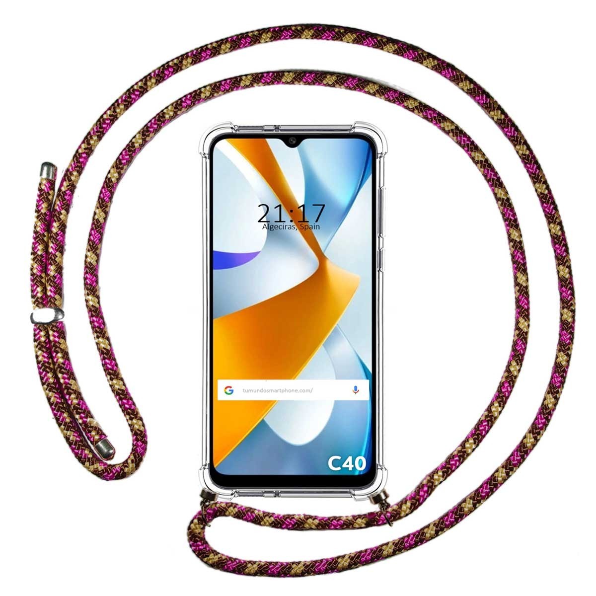 Funda Colgante Transparente para Xiaomi POCO C40 con Cordon Rosa / Dorado