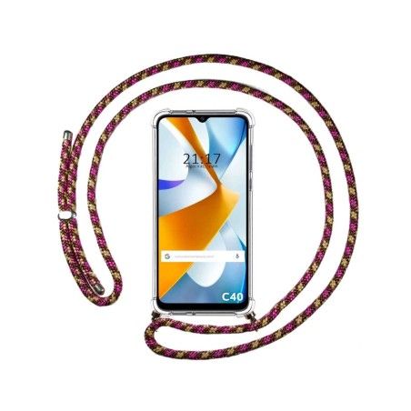 Funda Colgante Transparente para Xiaomi POCO C40 con Cordon Rosa / Dorado