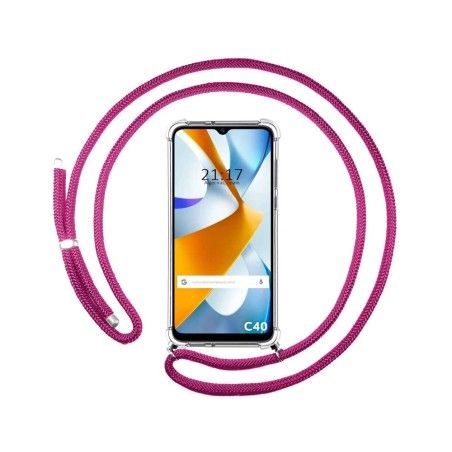 Funda Colgante Transparente para Xiaomi POCO C40 con Cordon Rosa Fucsia