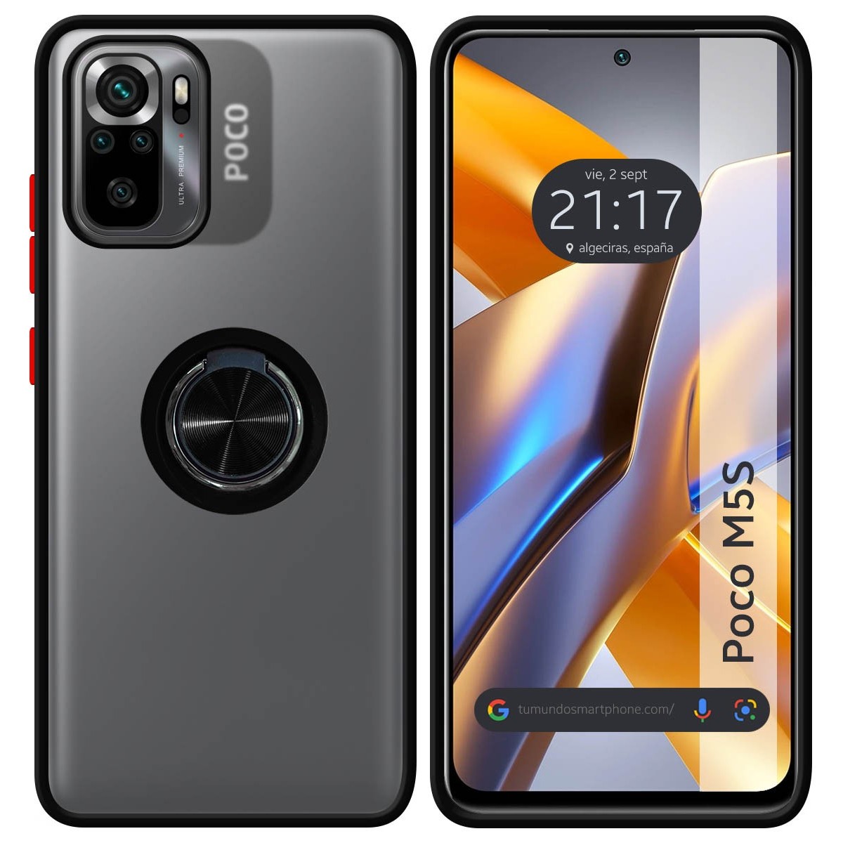 Funda Mate con Borde Negra y Anillo Giratorio 360 para Xiaomi POCO M5s