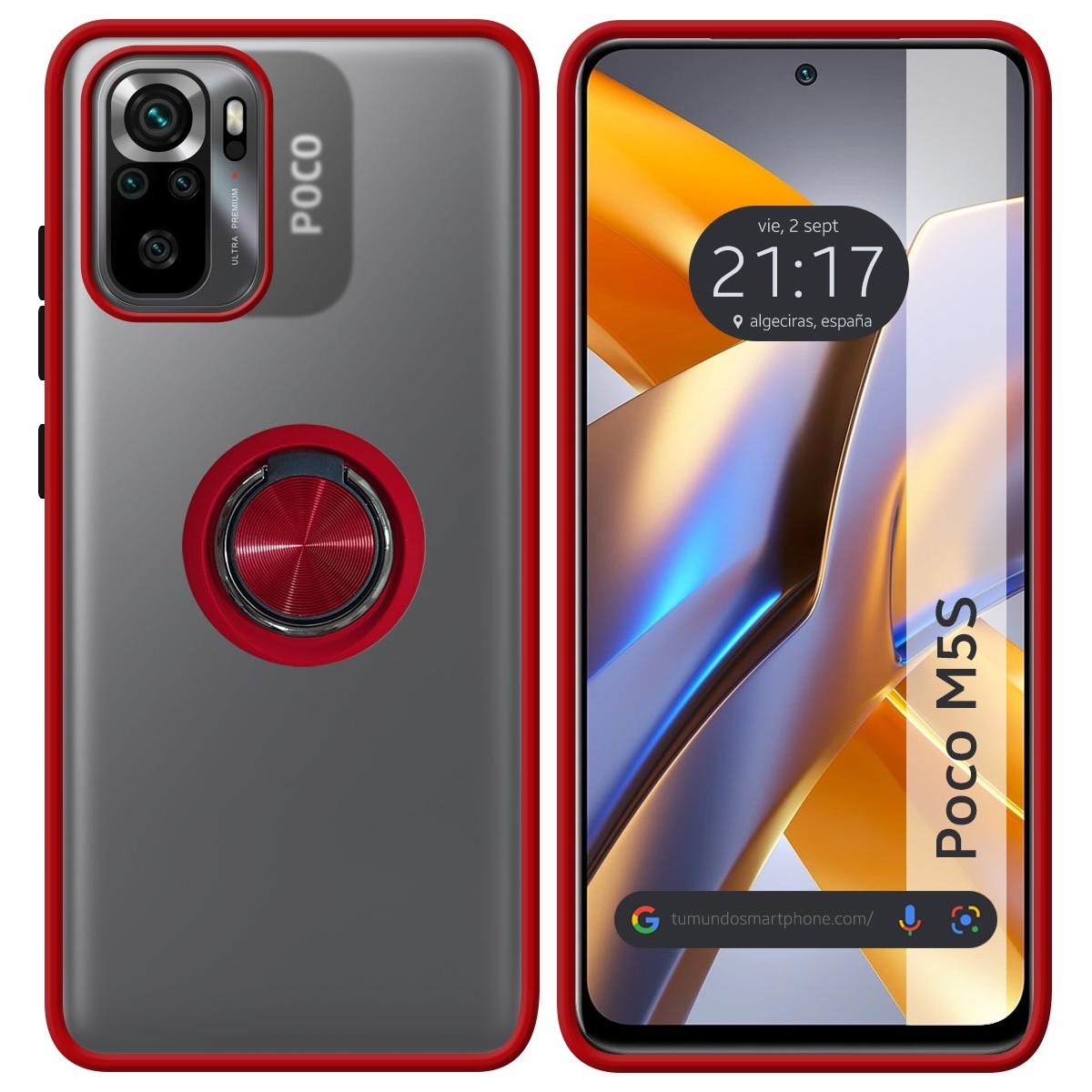 Funda Mate con Borde Roja y Anillo Giratorio 360 para Xiaomi POCO M5s