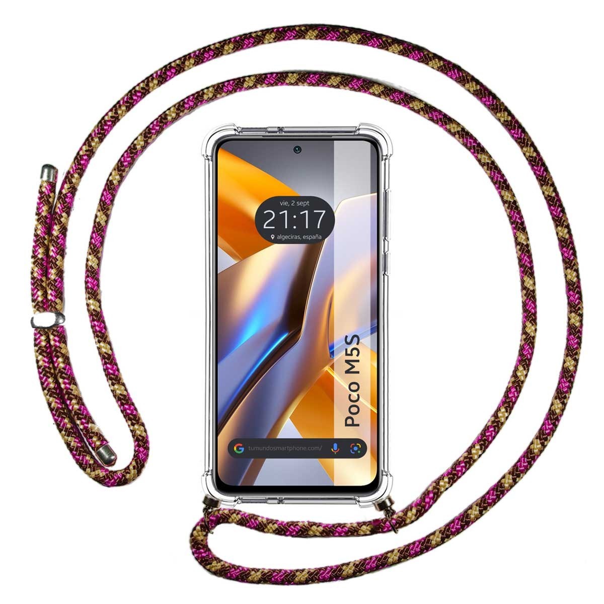 Funda Colgante Transparente para Xiaomi POCO M5s con Cordon Rosa/Dorado