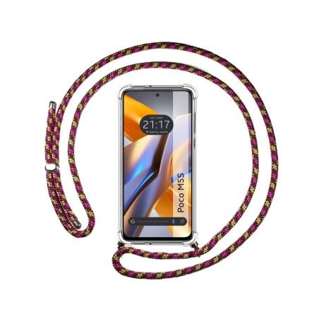 Funda Colgante Transparente para Xiaomi POCO M5s con Cordon Rosa/Dorado
