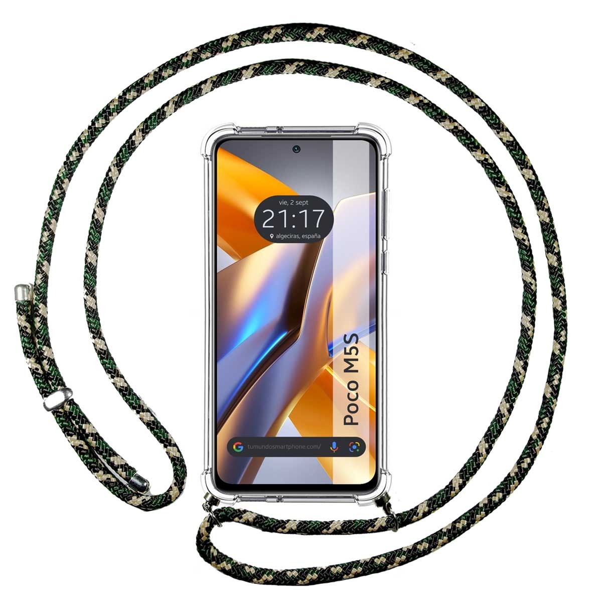 Funda Colgante Transparente para Xiaomi POCO M5s con Cordon Verde/Dorado