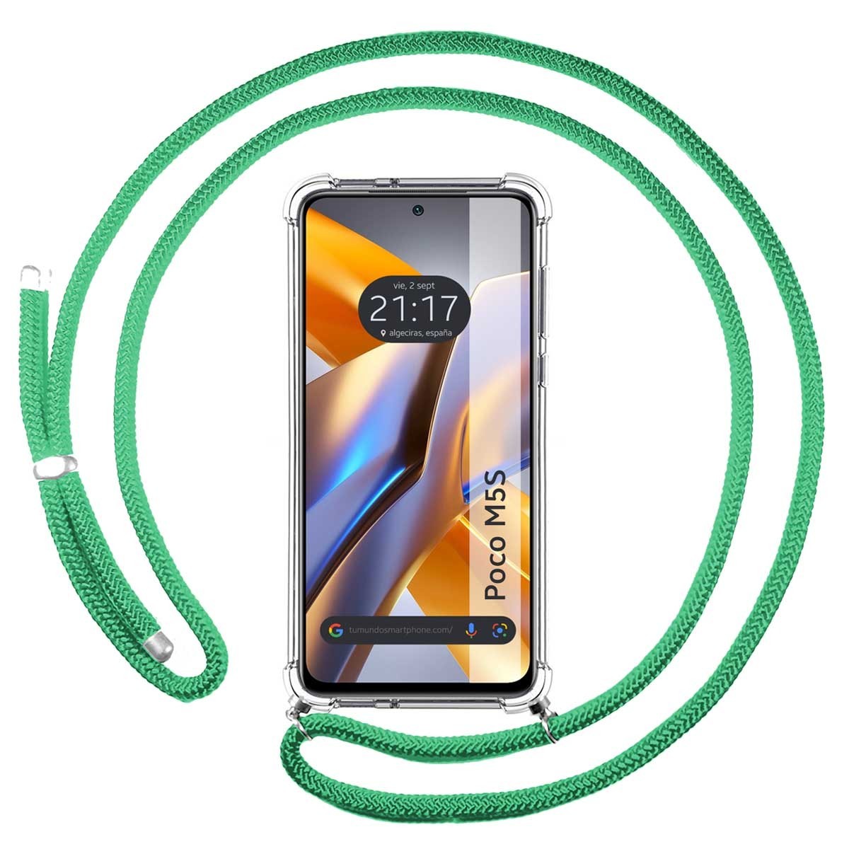 Funda Colgante Transparente para Xiaomi POCO M5s con Cordon Verde Agua