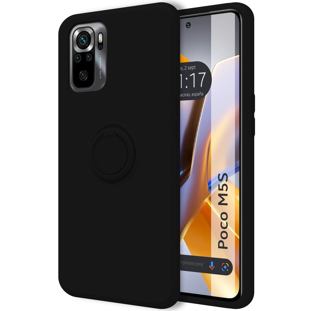 Funda Silicona Líquida Ultra Suave con Anillo para Xiaomi POCO M5s Color Negra