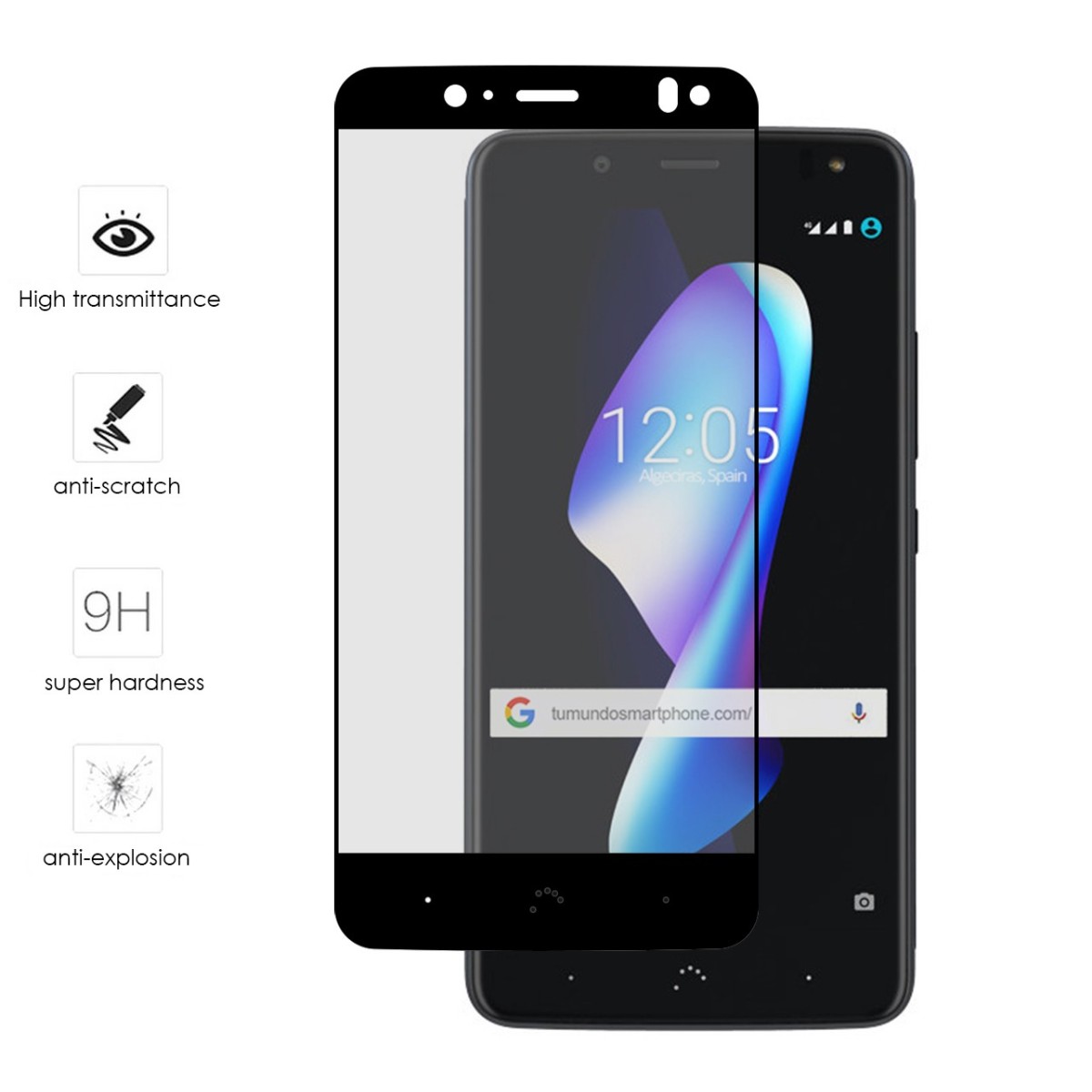 Protector Cristal Templado Frontal Completo Negro para Bq Aquaris V Plus / Vs Plus Vidrio