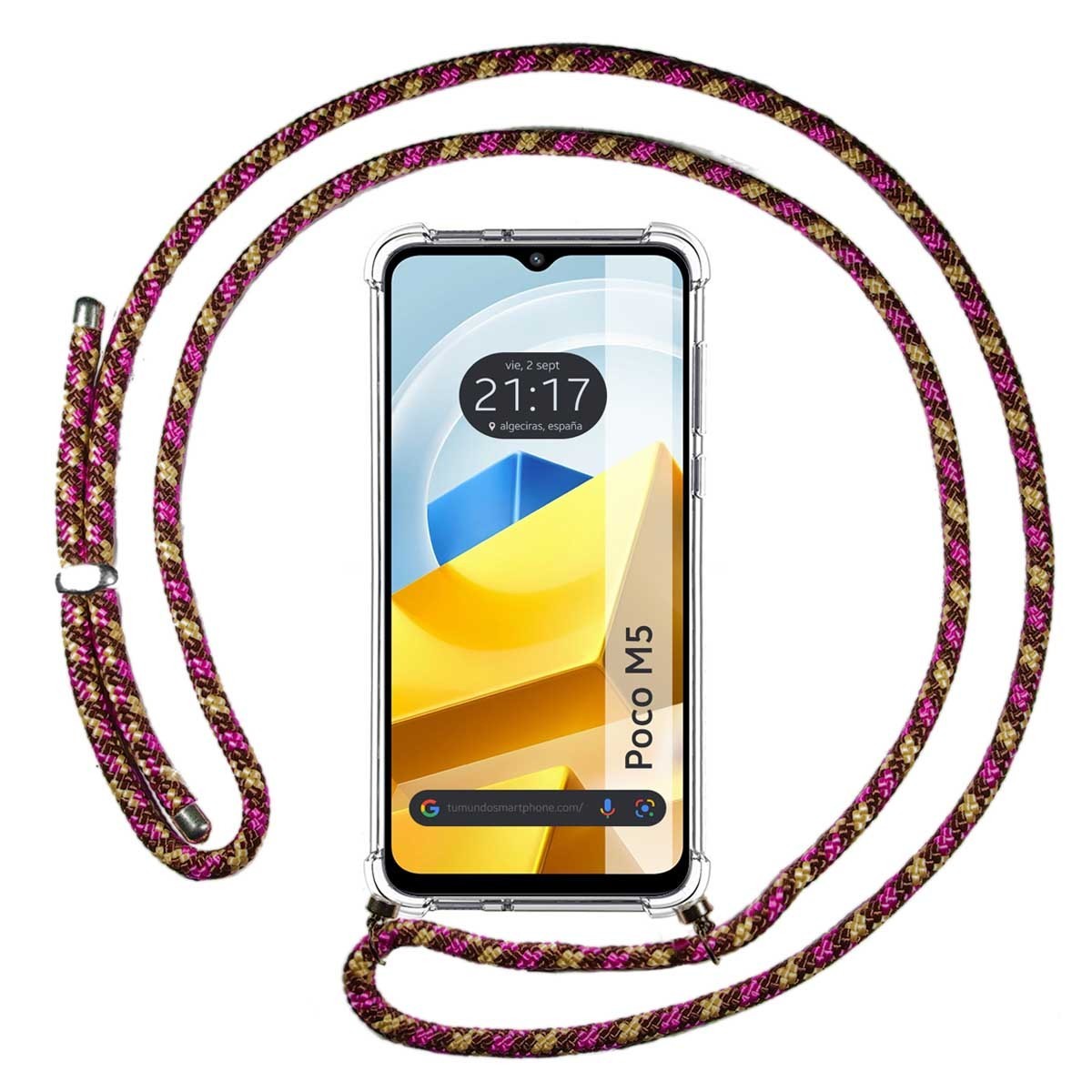 Funda Colgante Transparente para Xiaomi POCO M5 con Cordon Rosa / Dorado
