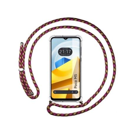 Funda Colgante Transparente para Xiaomi POCO M5 con Cordon Rosa / Dorado