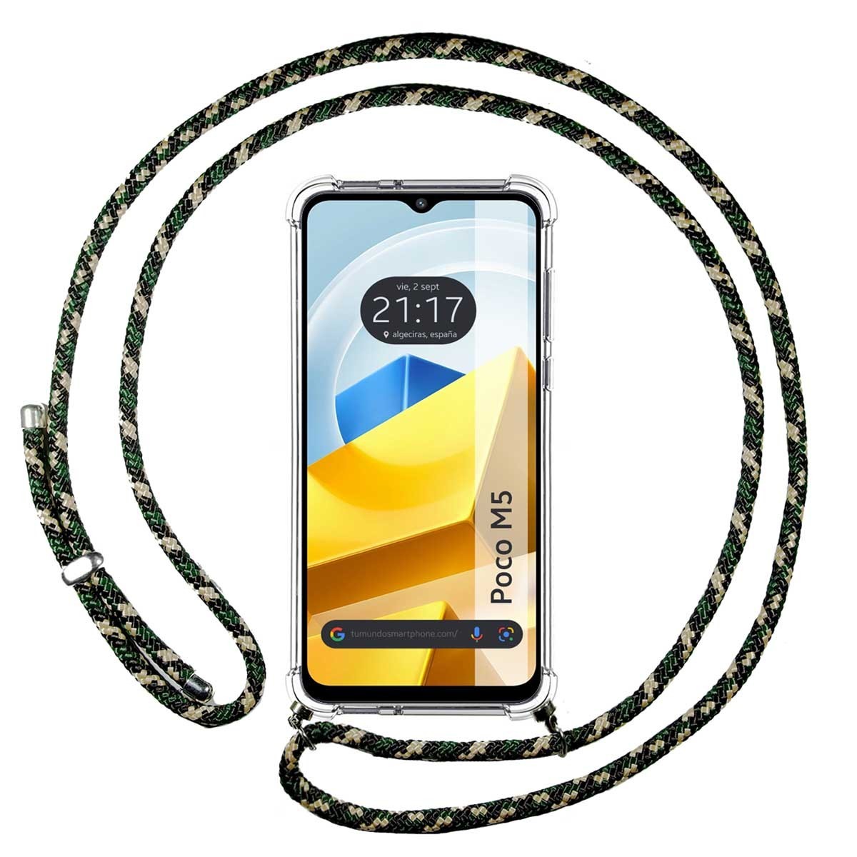 Funda Colgante Transparente para Xiaomi POCO M5 con Cordon Verde / Dorado