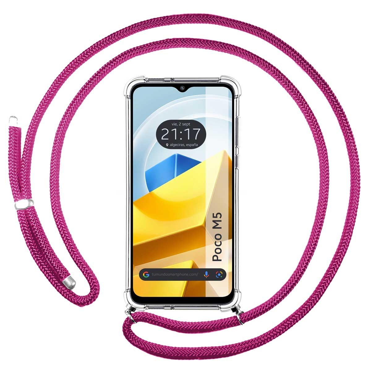 Funda Colgante Transparente para Xiaomi POCO M5 con Cordon Rosa Fucsia