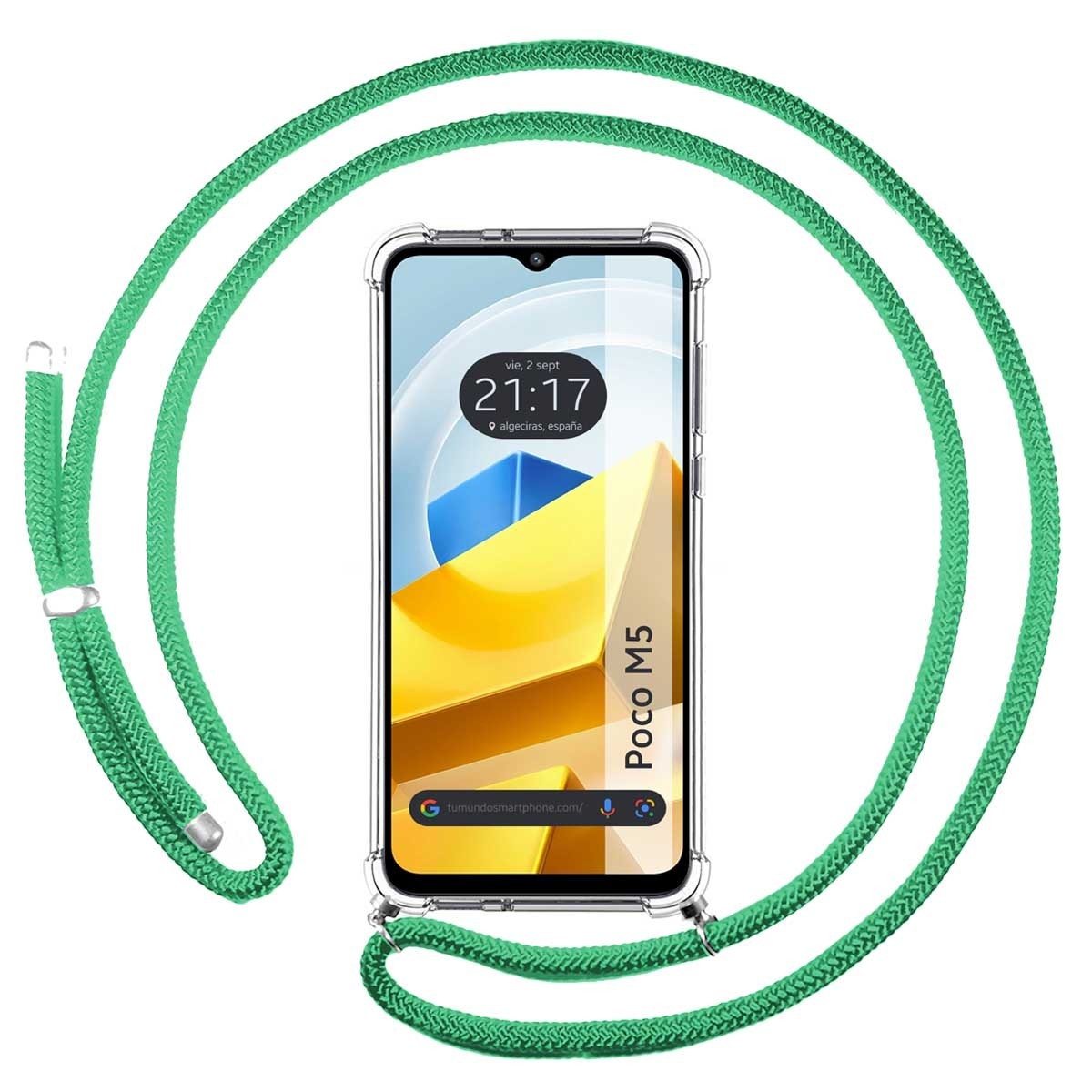 Funda Colgante Transparente para Xiaomi POCO M5 con Cordon Verde Agua