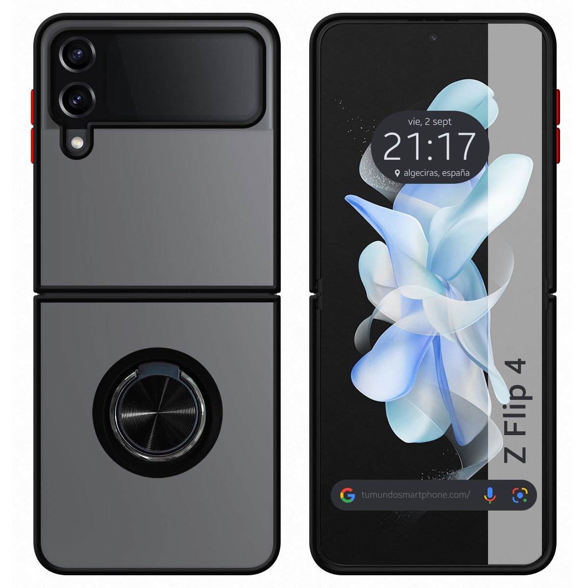 Funda Mate con Borde Negro y Anillo Giratorio 360 para Samsung Galaxy Z Flip 4 5G