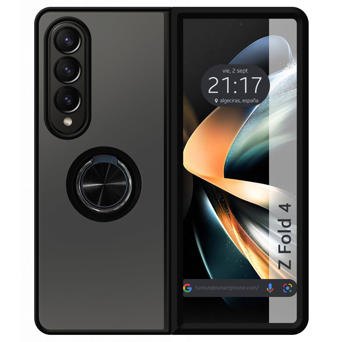 Funda Mate con Borde Negro y Anillo Giratorio 360 para Samsung Galaxy Z Fold 4 5G